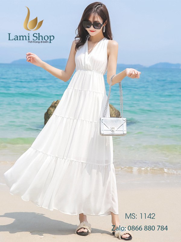váy maxi trắng đi biển sát nách nữ tính đẹp