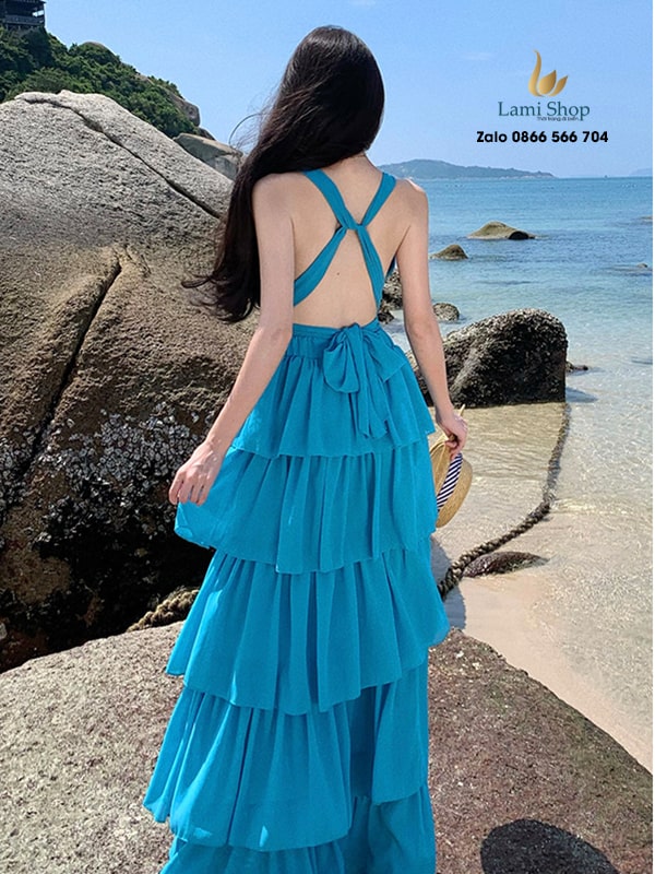 đầm maxi dài đi biển màu xanh biển nữ tính 2025