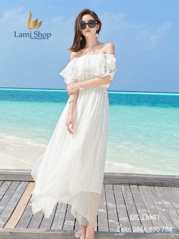 Váy Trễ Vai Đi Biển Đẹp, Thanh Lịch, Màu Trắng - Lami Shop
